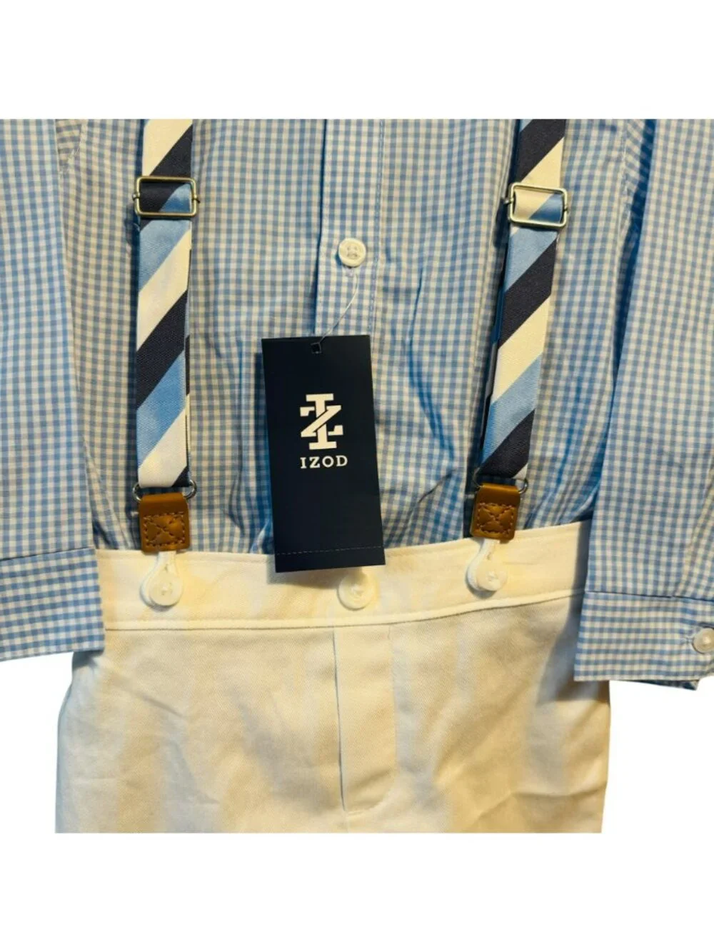IZOD Baby Boys Blue Checkered Shirt White Pants Bow Tie & Suspenders 4-Piece Out